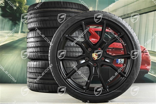 21" RS Spyder design summer wheels set, rims 9.5J x 21 ET60 + 11.5J x 21 ET66 + NEW Goodyear summer tyres 265/35 R21 + 305/30 R21, black satin matt