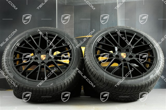 21" koła zimowe Cayenne COUPÉ RS Spyder, komplet, felgi 9,5J x 21 ET46 + 11,0J x 21 ET49 + opony zimowe Pirelli 275/40 R21 + 305/35 R21, z czujnikami ciśnienia, czarny wysoki połysk