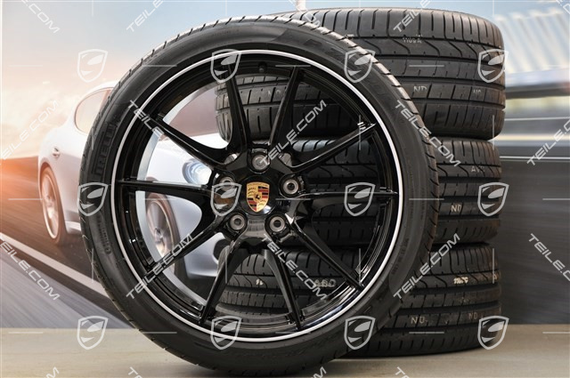 20" Carrera S (III) Sommerräder Satz, 8J x 20 ET57 + 9,5J x 20 ET45 + NEUE Pirelli Reifen 235/35 ZR20 + 265/35 ZR20, Felgenstern in Schwarz (Hochglanz), mit RDK-Sensoren