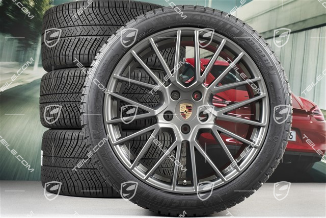 21" Cayenne RS Spyder Winterräder Satz, Felgen 9,5J x 21 ET46 + 11,0J x 21 ET58 + NEUE Michelin Winterreifen 275/40 R21 + 305/35 R21, mit RDK-Sensoren, Platinum seidenmatt