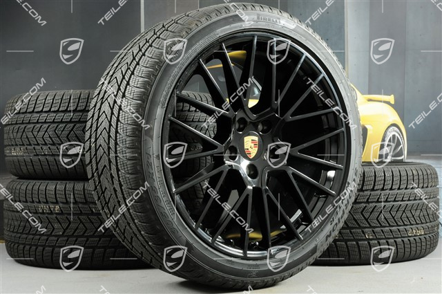 21" koła zimowe Cayenne COUPÉ RS Spyder, komplet, felgi 9,5J x 21 ET46 + 11,0J x 21 ET49 + opony zimowe Pirelli 275/40 R21 + 305/35 R21, z czujnikami ciśnienia, czarny wysoki połysk
