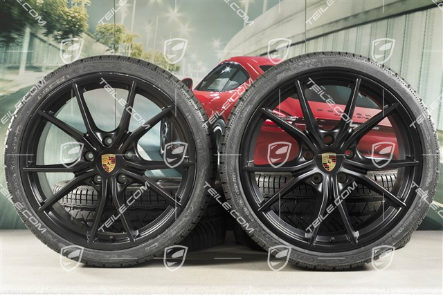 20" Carrera S winter wheels set for Cayman GT4 / Boxster Spyder, rims 8J x 20 ET57 + 10J x 20 ET45, Michelin winter tires 235/35 R20 + 275/30 R20, black (satin matt), with TPMS