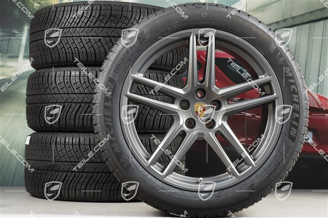 20" "Macan Turbo" koła zimowe, komplet, felgi 9J x 20 ET26 + 10J x 20 ET19 + NOWE opony zimowe Michelin Latitude Alpin 5 265/45 R20 + 295/40 R20, Platinum satynowy mat, z czujnikami ciśnienia RDK
