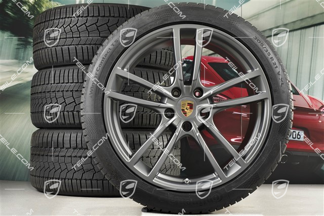 21" Cayenne Turbo Winterräder Satz, Felgen 9,5J x 21 ET46 + 11,0J x 21 ET58 + NEUE Continental Winterreifen 275/40 R21 + 305/35 R21, mit RDK-Sensoren, in Platinum Seidenmatt
