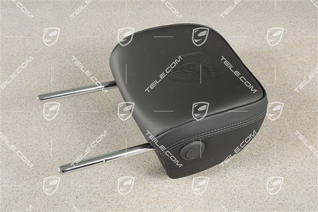 Zagłówek z herbem Porsche, fotel przedni, gładka skóra, czarny