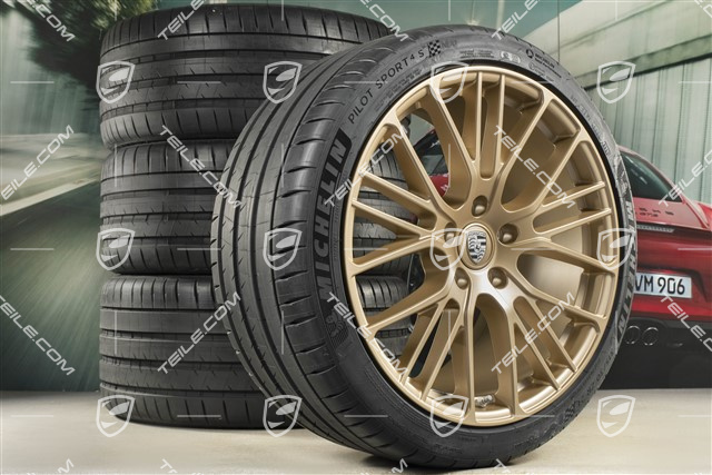 21" Panamera Exclusive Design Sport Sommerräder Satz, Felgen 9,5J x 21 ET71 + 11,5J x 21 ET69 + Michelin Sommerreifen 275/35 R21 + 325/30 R21, mit RDK-Sensoren, in Aurum Seidenmatt