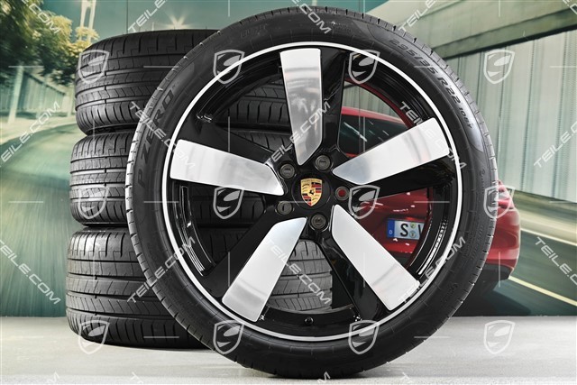 22" "Macan Sport" Sommerräder Satz, Felgen 9J x 22 ET29 + 11J x 22 ET47 + NEUE Goodyear Sommerreifen 255/40 R 22 + 295/35 R 22, in Schwarz Hochglanz
