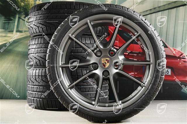 20" Carrera S (III) Winterräder Satz, Felgen 8,5J x 20 ET51 + 11J x 20 ET52 + NEUE Pirelli Winterreifen 245/35 ZR20 + 295/30 ZR20, ohne RDK-Sensoren, Platinum