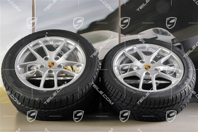 18" Cayman winter wheel set, 8J x 18 ET57 + 9J x 18 ET47 + NEW winter tyres Dunlop SP Winter Sport 3D 235/45 R18 + 265/45 R18, with TPMS.