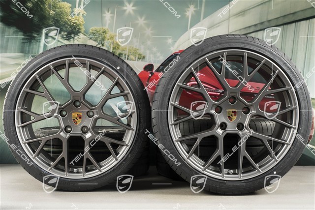 20+21-inch summer wheel set RS Spyder Design, rims 8,5J x 20 ET53 + 11,5J x 21 ET67 + NEW Goodyear summer tyres 245/35 R20 + 305/30 R21, with TPM, platinum satin matt
