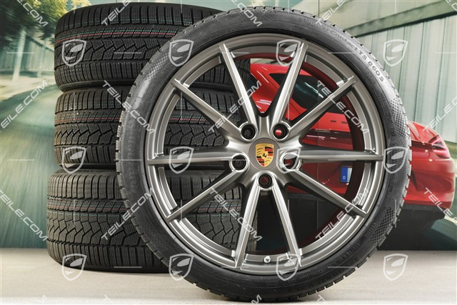 20"+21" Carrera S Winterräder Satz, Felgen 8,5J x 20 ET53 + 11J x 21 ET66 + Continental Winterreifen 245/35 R20 + 295/30 R21, in Platinum Seidenmatt