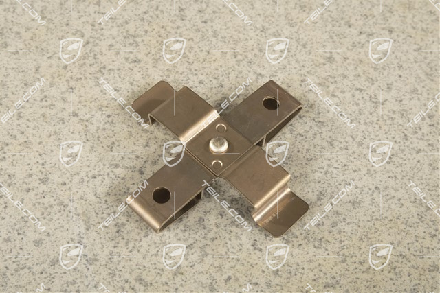 Front axle fixed caliper spring, brake pad mouting
