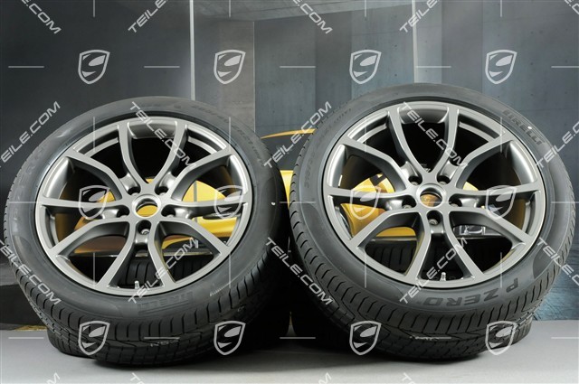 21-inch Cayenne COUPE Exclusive Design summer wheel set, rims 9,5J x 21 ET46 + 11,0J x 21 ET49 + NEW Pirelli summer tyres 285/40 R21 + 315/35 R21, Platinum satin matt, with TPMS