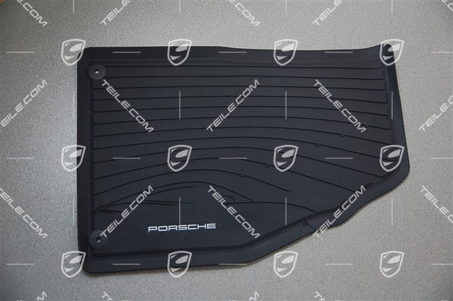 Gumowe dywaniki, komplet 2-częściowy, z sylwetką Porsche i napisem "Porsche", czarne