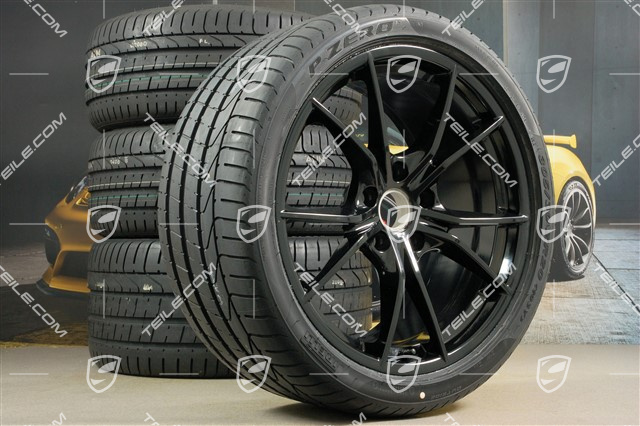 20-inch Carrera S (IV) summer wheels set, rims 8,5 J x 20 ET49 + 11,5 J x 20 ET76 + Pirelli summer tires 245/35 R20 + 305/30 R20, in black (high gloss), with TPM