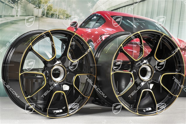 20" Zentralverschluss Felgensatz, 911 Turbo S Exclusive Design, 9J x 20 ET51 + 11,5J x 20 ET56, schwarz/goldgelb