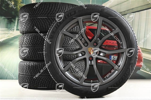 21" Cayenne Exclusive Design Winterräder Satz, Felgen 9,5J x 21 ET46 + 11,0J x 21 ET58 + NEUE Michelin Winterreifen 285/45 R21 + 305/40 R21, mit RDK-Sensoren, Vesuvgrau