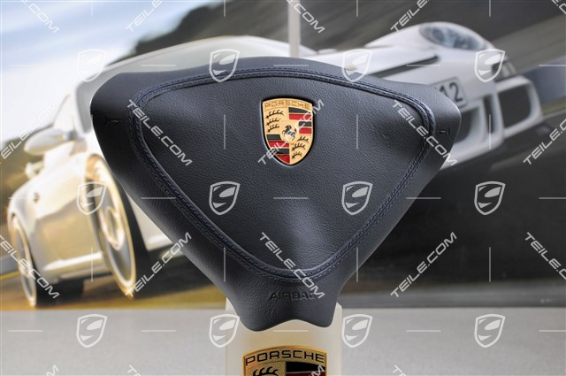 Airbag, 3-spoke, leather, "metropol" blue, with coloured crest Airbag, 3-spoke, leather, "metropol" blue, with coloured crest