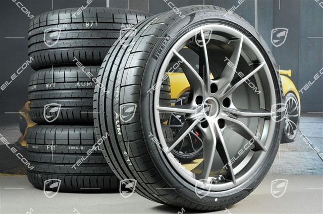 20" Carrera S summer wheels set, rims 8J x 20 ET57 + 10J x 20 ET45, Pirelli summer tires 235/35 ZR20 + 265/35 ZR20, Platinum satin matt, with TPMS