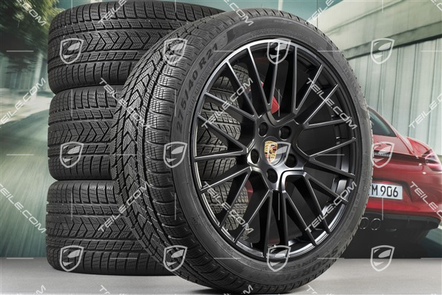 21" Cayenne RS Spyder Winterräder Satz, Felgen 9,5J x 21 ET46 + 11,0J x 21 ET58 + NEUE Pirelli Winterreifen 275/40 R21 + 305/35 R21, mit RDK-Sensoren, schwarz seidenmatt