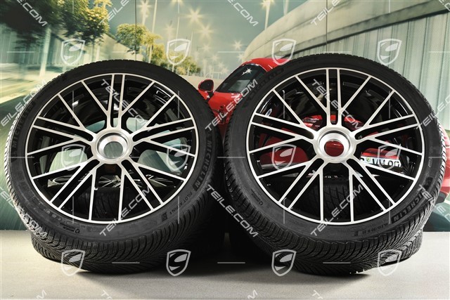 21" Panamera Turbo S Winterräder Satz, Zentralverschluss, Felgen 9,5J x 21 ET71 + 10,5J x 21 ET71 + NEUE Michelin Pilot Alpin 5 Winterreifen 275/35 R21 + 315/30 R21, Schwarz Hochglanz