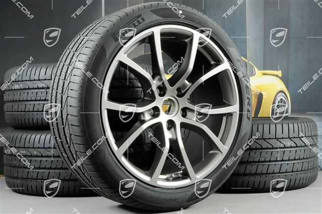 21" Cayenne Exclusive Design Sommerräder Satz, Felgen 9,5J x 21 ET46 + 11,0J x 21 ET58 + Pirelli P Zero Sommerreifen 285/40 R21 + 315/35 R21, mit RDK-Sensoren, Platinum-Seidenmatt