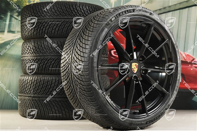 20"+21" Carrera S Winterräder Satz, Felgen 8,5J x 20 ET53 + 11J x 21 ET66 + Michelin Winterreifen 245/35 R20 + 295/30 R21, in Schwarz Hochglanz