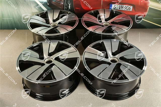 19" komplet felg Taycan S, 8J x 19 ET50 + 10J x 19 ET47, czarny wysoki połysk + frezowana powierzchnia