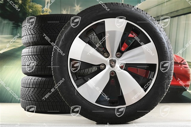 20" koła zimowe Macan, felgi 7,5J x 20 ET32 + 10J x 20 ET49 + opony zimowe Goodyear 235/55 R20 + 285/45 R20, czarny wysoki połysk, przebieg około 30km