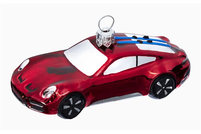 Christmas tree decorations / ball Collector's Edition No. 6 – Christmas, Porsche 911 Dakar with skis, red