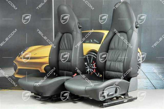 Seats, manual adjustable, heating, leather, Black, Draped, Porsche crest, set (L+R)