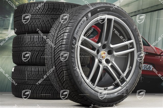 20" "Macan Turbo" koła zimowe, komplet, felgi 9J x 20 ET26 + 10J x 20 ET19 + NOWE opony zimowe Michelin Latitude Alpin 5 265/45 R20 + 295/40 R20, Platinum satynowy mat, z czujnikami ciśnienia RDK
