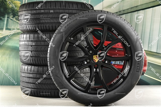 21" koła letnie Cayenne Coupe Exclusive Design, komplet, felgi 9,5J x 21 ET46 + 11,0J x 21 ET49 + opony letnie Pirelli P Zero 285/45 R21 + 315/40 R21, z czujnikami ciśnienia, czarny satynowy mat
