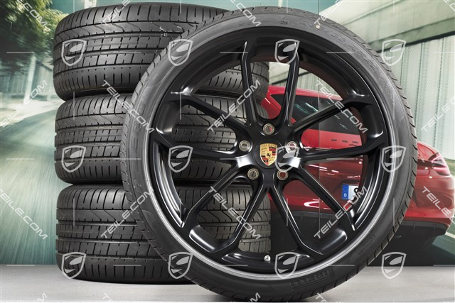 22-inch Cayenne Coupé GT summer wheel set, rims 10J x 22 ET48 + 11,5J x 22 ET52 + Pirelli P Zero summer tyres 285/35 R22 + 315/30 R22, with TPMS, black satin matt