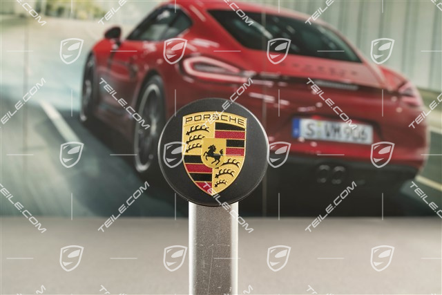 Zierdeckel für Zentralverschluss, Turbo, farbiges Porsche Wappen, schwarz seidenmatt