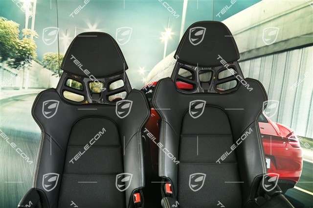 Schalensitze, CARBON, Leder + Stoff in Schwarz, gelbe Nähte, Porsche Wappen, Satz, L+R