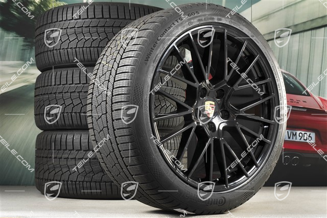 21" koła zimowe Cayenne COUPÉ RS Spyder, komplet, felgi 9,5J x 21 ET46 + 11,0J x 21 ET49 + NOWE opony zimowe Continental 275/40 R21 + 305/35 R21, z czujnikami ciśnienia, czarny wysoki połysk