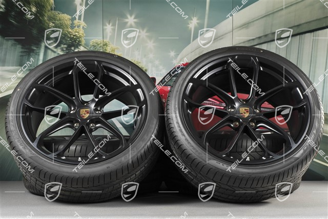 22-inch Cayenne Coupé GT summer wheel set, rims 10J x 22 ET48 + 11,5J x 22 ET52 + Pirelli P Zero summer tyres 285/35 R22 + 315/30 R22, with TPMS, black satin matt