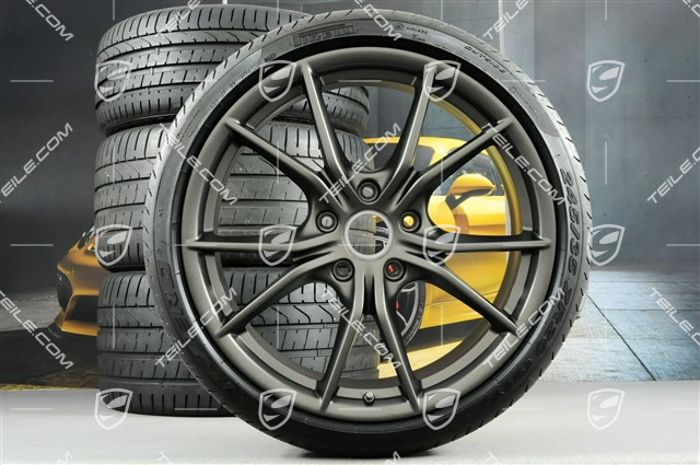 20-inch Carrera S (IV) summer wheels set, rims 8,5 J x 20 ET49 + 11,5 J x 20 ET76 + NEW Pirelli summer tires 245/35 R20 + 305/30 R20, in Platinum, with TPM