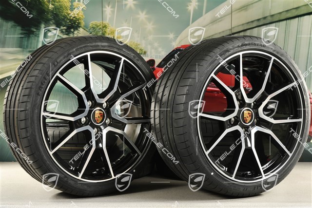 21" RS Spyder design summer wheels set, rims 9.5J x 21 ET60 + 11.5J x 21 ET66 + NEW Goodyear summer tyres 265/35 R21 + 305/30 R21, black high gloss