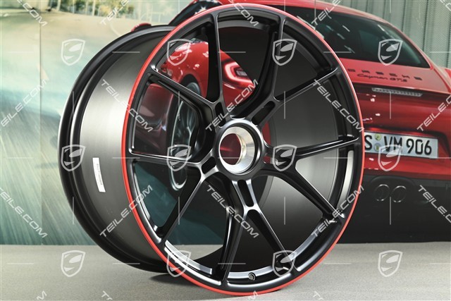 20"+21" GT3 Felgen Satz, 9,5J x 20 ET46 + 12J x 21 ET45, in Schwarz Seidenmatt, Rand in Rot