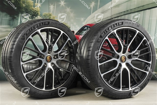21" Panamera Exclusive Design Sport Sommerräder Satz, Felgen 9,5J x 21 ET71 + 11,5J x 21 ET69 + NEUE Michelin Sommerreifen 275/35 R21 + 315/30 R21, mit RDK-Sensoren, in Schwarz Hochglanz