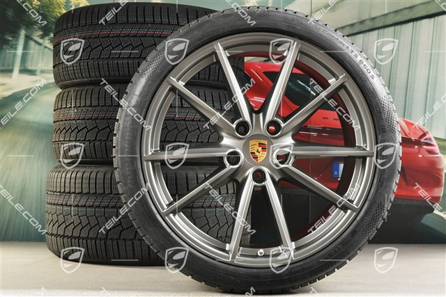 20/21-inch Carrera S winter wheel set, wheel rims 8,5J x 20 ET53 + 11J x 21 ET66 + NEW Continental winter tyres 245/35 R20 + 295/30 R21, in Platinum satin-mat