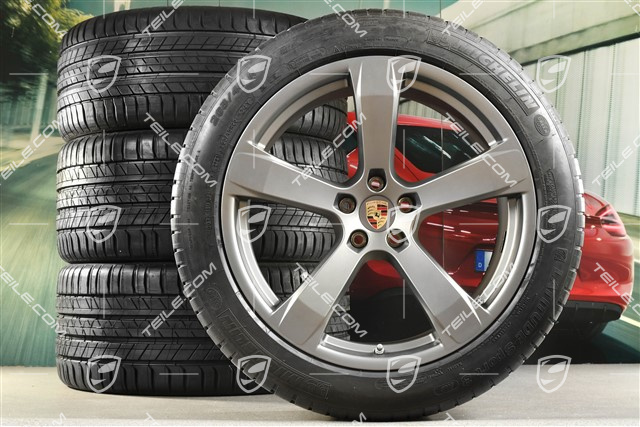 20" "Macan Sport" koła letnie, komplet, felgi 9J x 20 ET26 + 10J x 20 ET19,  NOWE opony letnie Michelin 265/45 R 20 + 295/40 R 20, platinum satynowy półmat, z czujnikami ciśnienia RDK