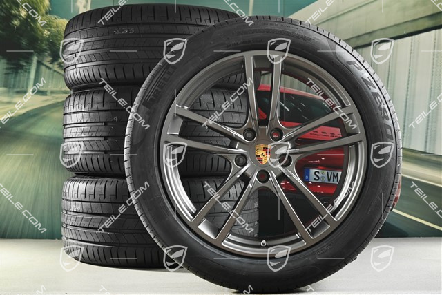 21" koła letnie Cayenne Turbo Design, komplet, felgi 9,5J x 21 ET46 + 11,0J x 21 ET58 + NOWE opony letnie Pirelli P Zero 285/40 R21 + 315/35 R21, z czujnikami ciśnienia, Platinum półmat satyna