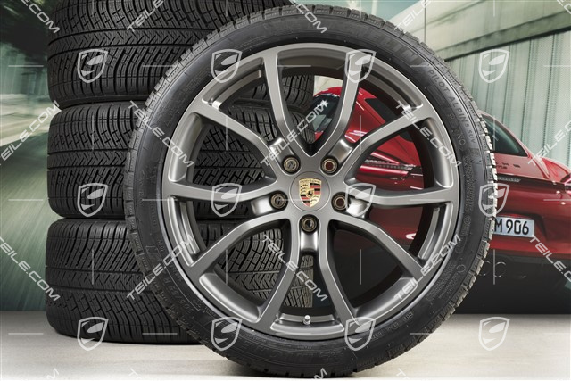 21" koła zimowe Cayenne COUPE Exclusive Design, komplet, felgi 9,5J x 21 ET46 + 11,0J x 21 ET49 + NOWE opony zimowe Michelin Pilot Alpin 5 275/40 R21 + 305/35 R21, z czujnikami ciśnienia, Platinum satynowy półmat