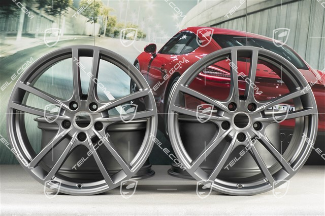 21" Komplet felg Cayenne Turbo, 11J x 21 ET58 + 9,5J x 21 ET46, Platinum półmat satyna