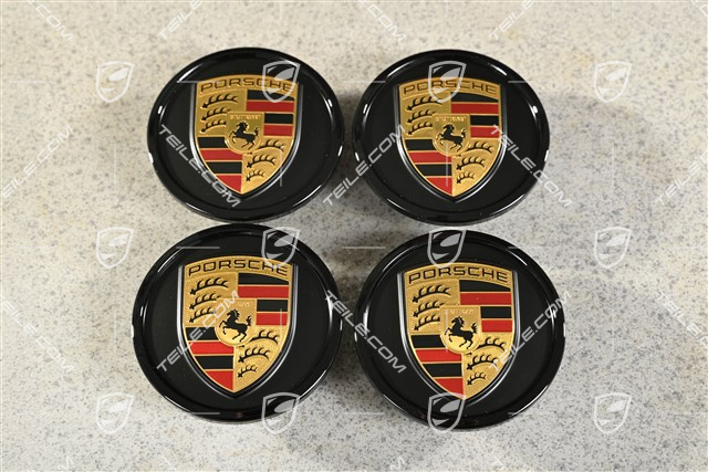 Radzierdeckel Satz (4 Stück), Lackiert Schwarz seidenglanz mit farbigem Porsche Wappen und Schwarz Hochglanz Ring