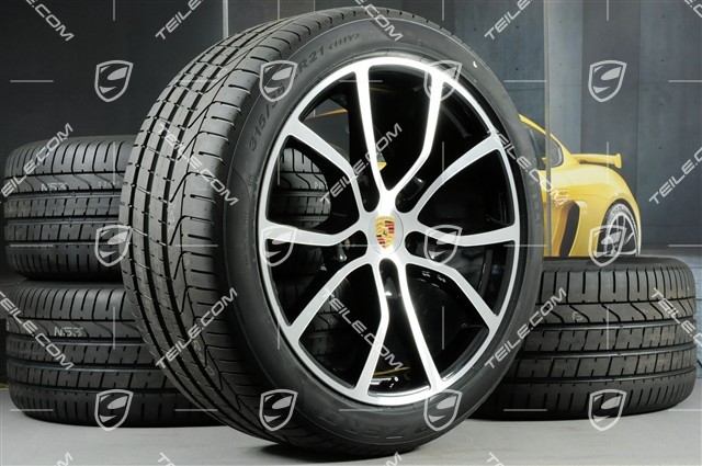 21" Cayenne COUPE Exclusive Design Sommerräder Satz, Felgen 9,5J x 21 ET46 + 11,0J x 21 ET49 + NEUE Pirelli Sommerreifen 285/40 R21 + 315/35 R21, schwarz hochglanz, mit RDK-Sensoren