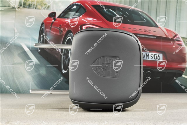 Zagłówek z herbem Porsche, fotel przedni, gładka skóra, czarny